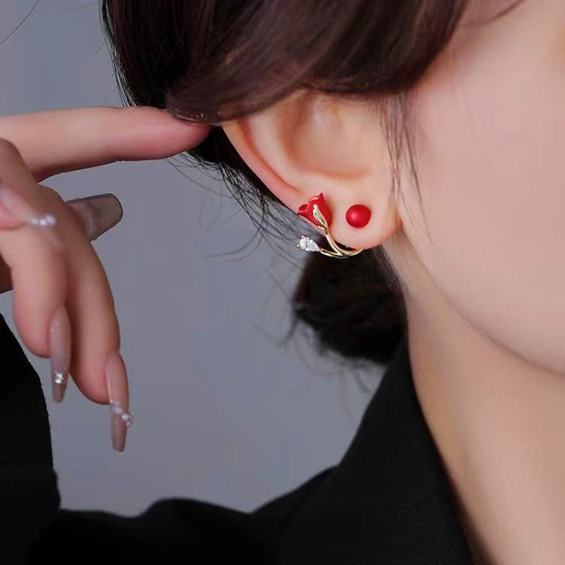 DD-Silver Post Tulip Red Flower Earrings