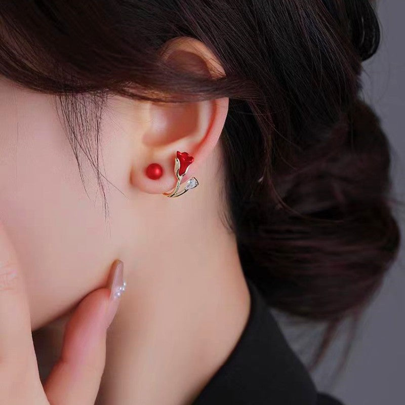 DD-Silver Post Tulip Red Flower Earrings