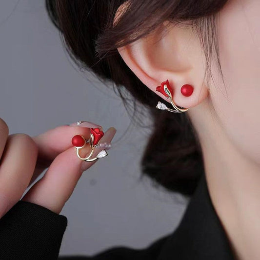 DD-Silver Post Tulip Red Flower Earrings